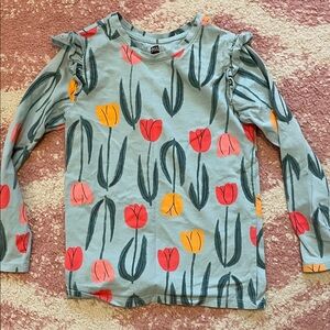 Tea Collection Light Blue Tulip Print Ruffle Shoulder Long Sleeve Top